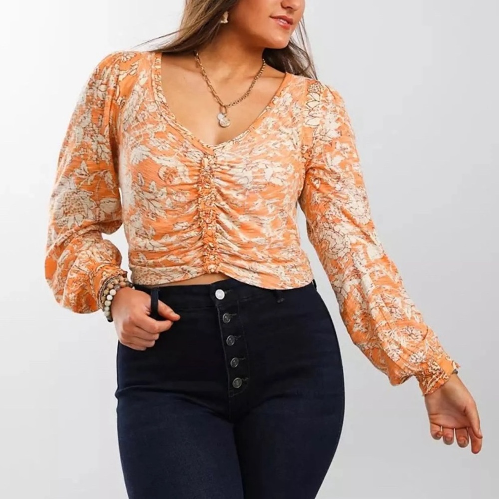 Free People Floral Crop Top XS Orange Cream Boho Long Sleeve Ruched Front Blouse